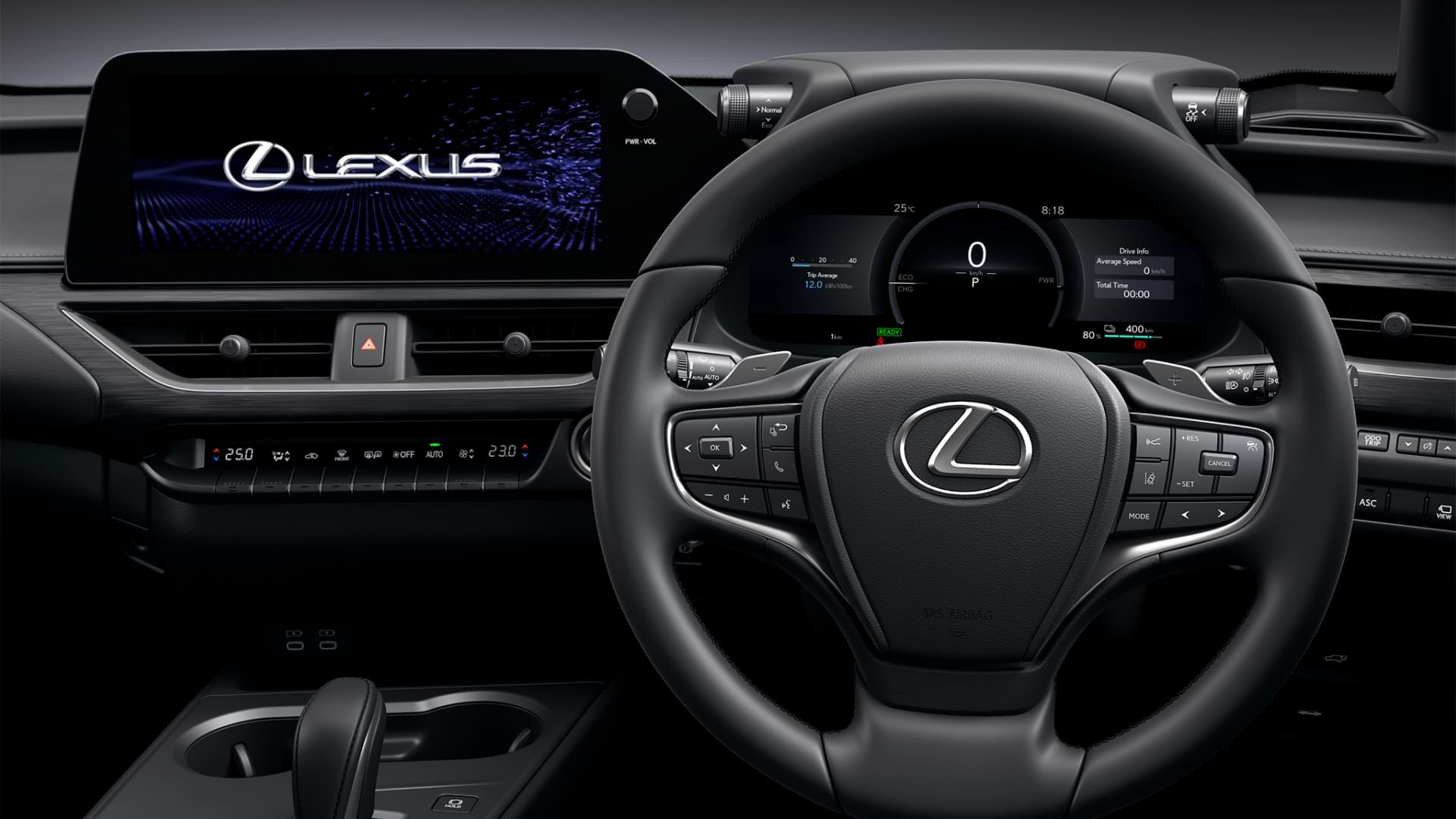 Car dashboard and steering wheel.