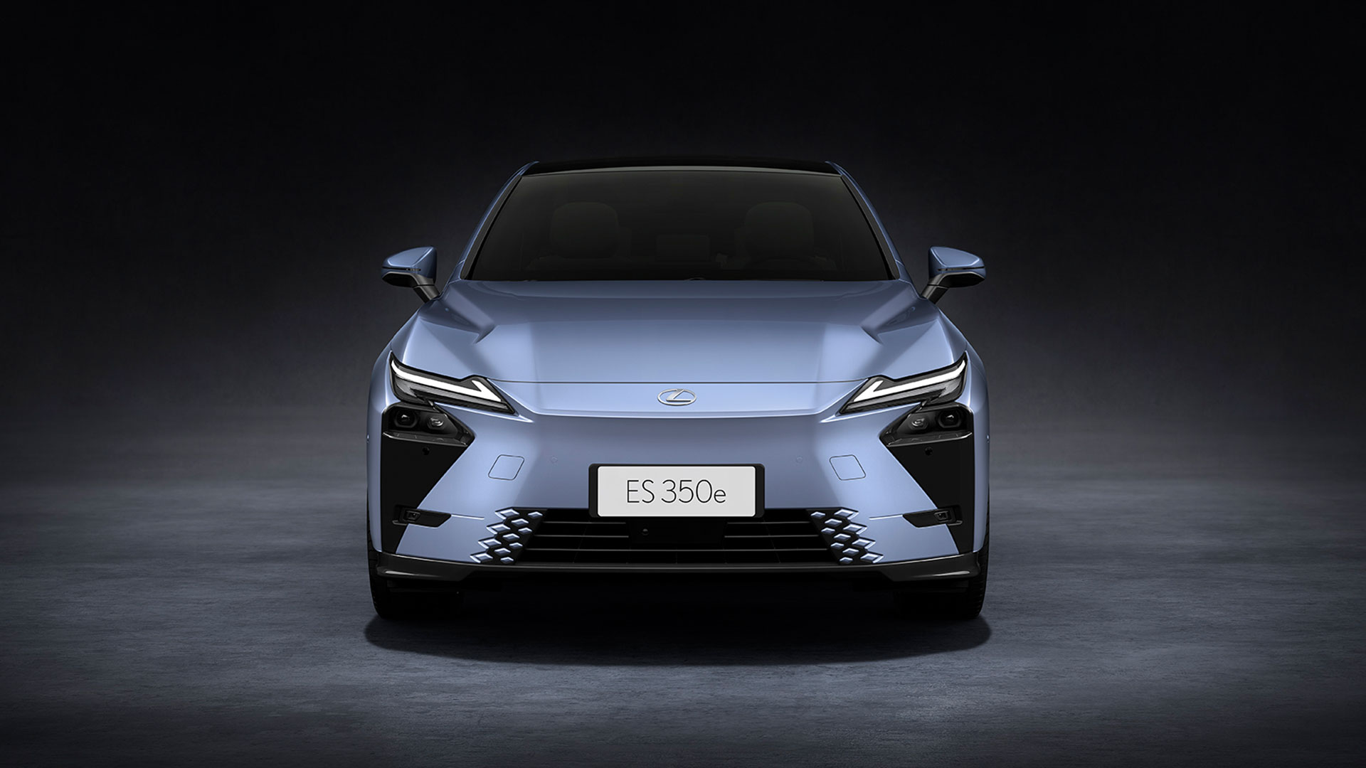 A front view of the light blue 2026 Lexus ES 350e all-electric sedan. 